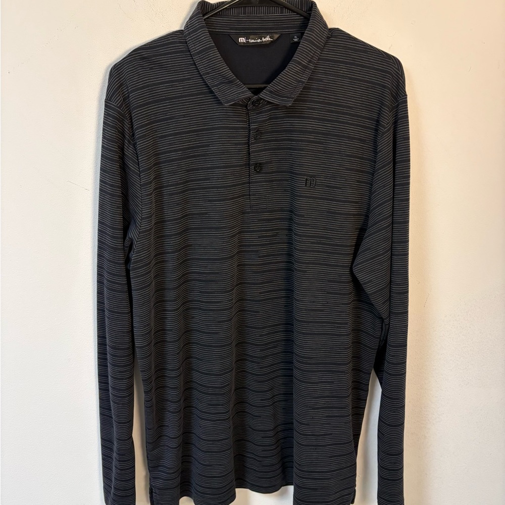 Travis Mathew Men's Long-Sleeve Polo Shirt - Black/Charcoal Stripe XL